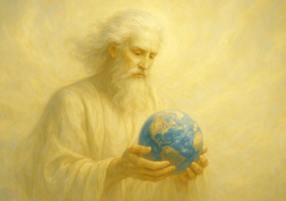Divine figure holding Earth in radiant light