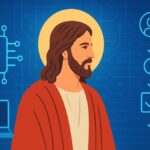 Illustration of Jesus with digital technology background symbolizing simulation theory and faith