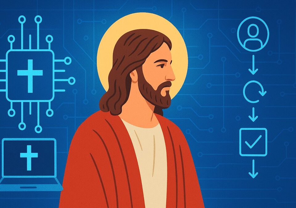 Illustration of Jesus with digital technology background symbolizing simulation theory and faith