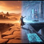 Conceptual image showing John the Baptist and Donald Hoffman pointing from an ancient desert world to a futuristic digital city, symbolizing a new reality.
