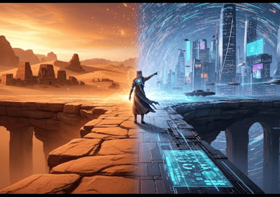 Conceptual image showing John the Baptist and Donald Hoffman pointing from an ancient desert world to a futuristic digital city, symbolizing a new reality.