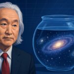 Michio Kaku beside a cosmic fishbowl illustrating simulation theory and the universe