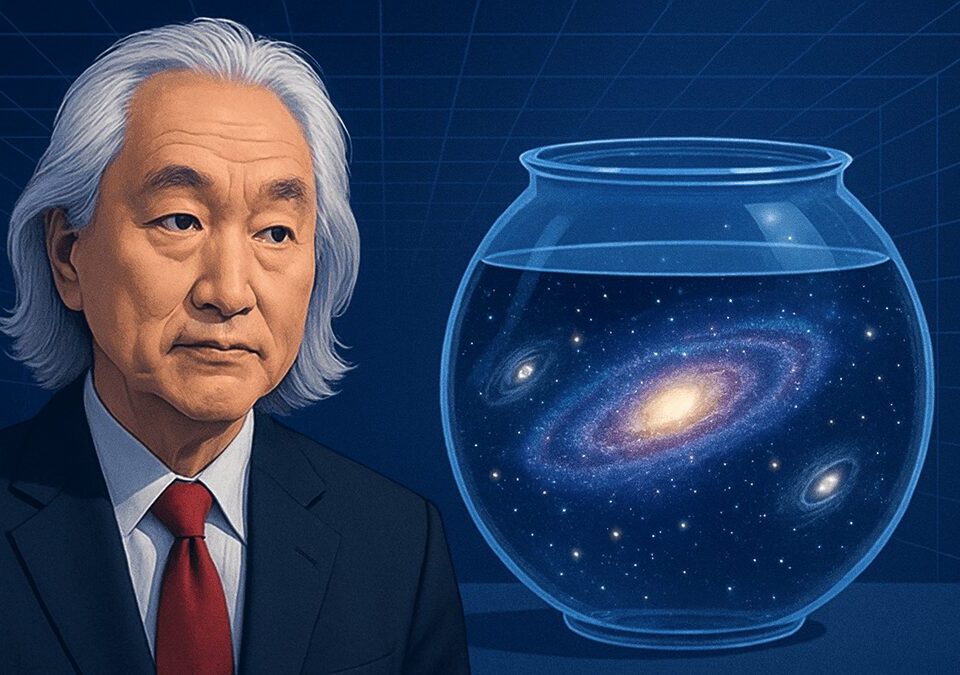 Michio Kaku beside a cosmic fishbowl illustrating simulation theory and the universe