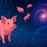 Pigs in Cyberspace illustration showing pigs floating into a digital galaxy