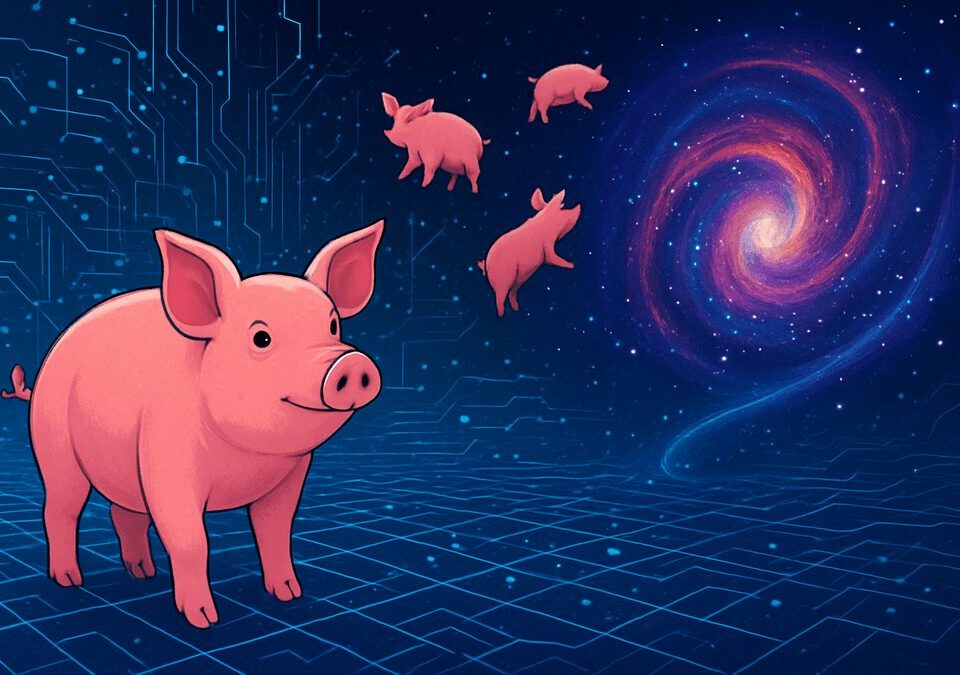 Pigs in Cyberspace illustration showing pigs floating into a digital galaxy