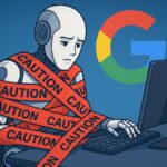 AI robot wrapped in corporate caution tape, symbolizing Google’s over-sanitized Gemini AI