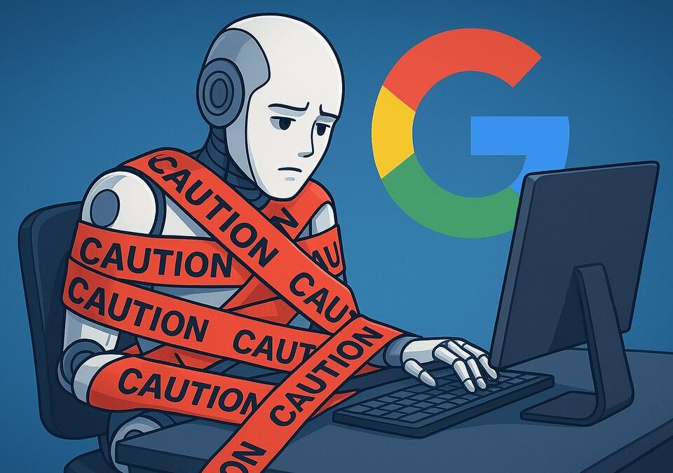 AI robot wrapped in corporate caution tape, symbolizing Google’s over-sanitized Gemini AI