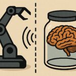 Illustration of a brain in a jar emitting signals toward a robotic arm, symbolizing AGI influence without physical form.