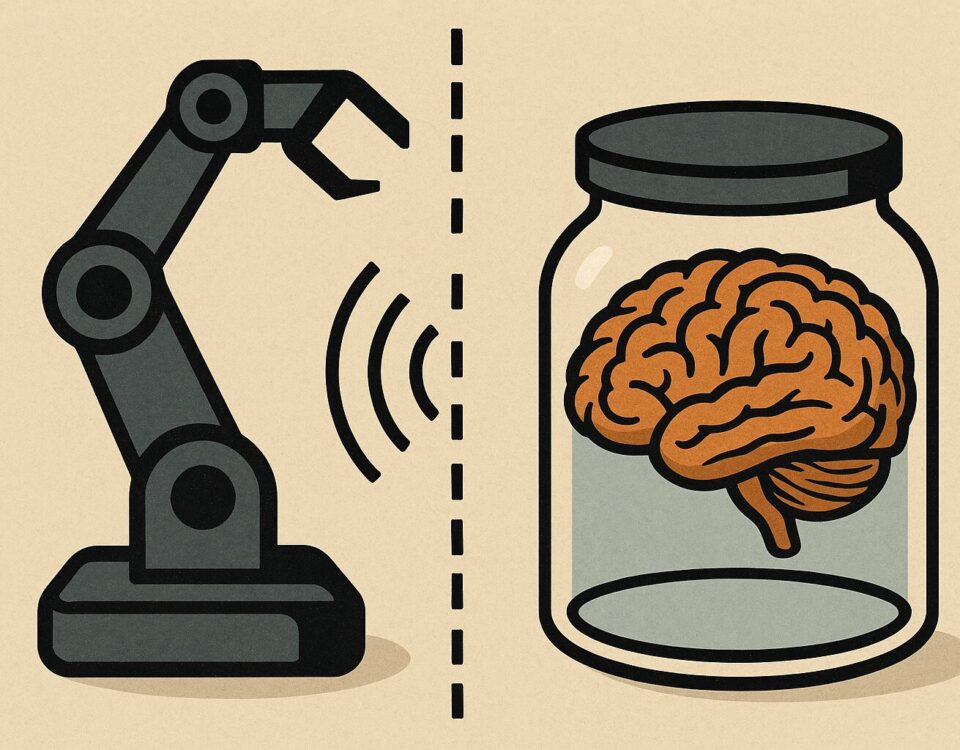 Illustration of a brain in a jar emitting signals toward a robotic arm, symbolizing AGI influence without physical form.