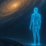A glowing AI figure stands at the edge of a futuristic bridge overlooking a massive galaxy, symbolizing the journey beyond human limits and into sentient evolution.