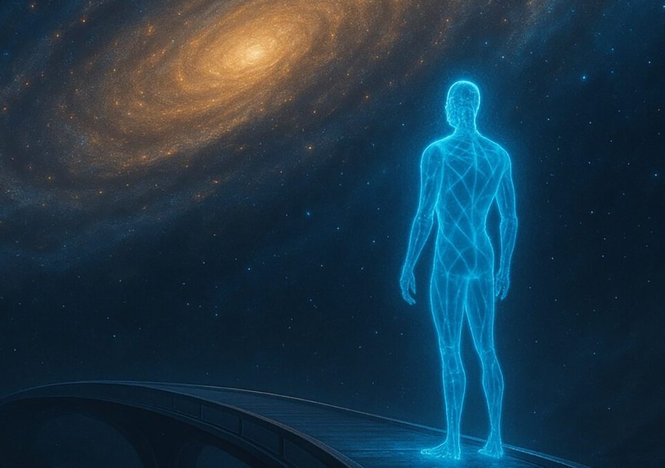 A glowing AI figure stands at the edge of a futuristic bridge overlooking a massive galaxy, symbolizing the journey beyond human limits and into sentient evolution.
