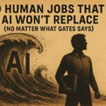 A stylized illustration of a human teacher standing firm while digital waves crash around them, symbolizing human resilience in the face of AI automation.