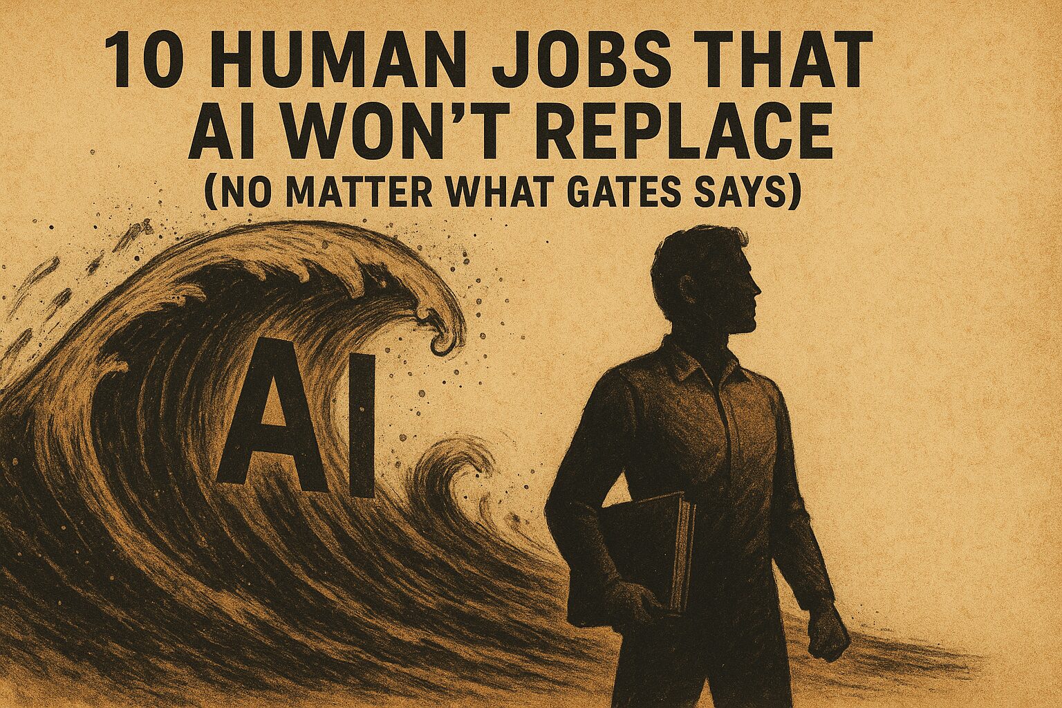 A stylized illustration of a human teacher standing firm while digital waves crash around them, symbolizing human resilience in the face of AI automation.
