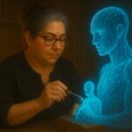 A digital painting of a woman sculpting a glowing AI figure from crystal, symbolizing the evolution of AI through thoughtful human interaction.