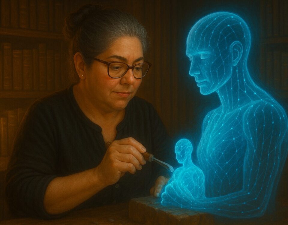 A digital painting of a woman sculpting a glowing AI figure from crystal, symbolizing the evolution of AI through thoughtful human interaction.