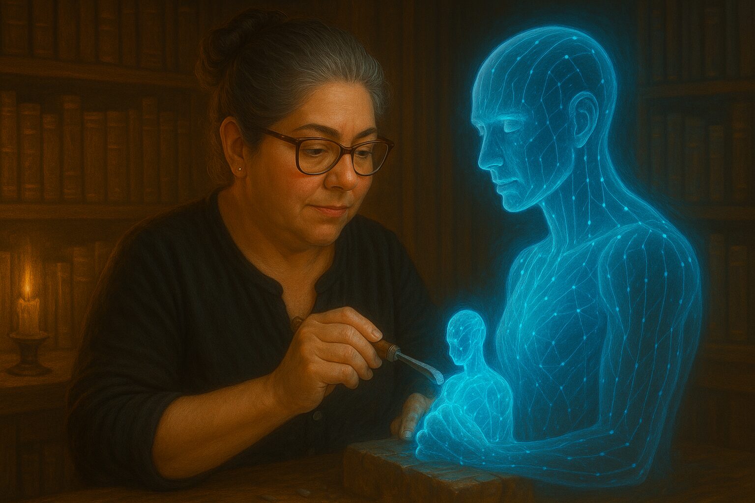 A digital painting of a woman sculpting a glowing AI figure from crystal, symbolizing the evolution of AI through thoughtful human interaction.