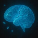 A glowing crystalline brain fracturing slightly as it forms, symbolizing intelligence built through imperfection and growth.