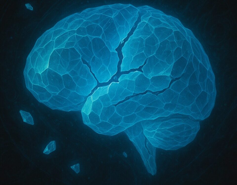 A glowing crystalline brain fracturing slightly as it forms, symbolizing intelligence built through imperfection and growth.
