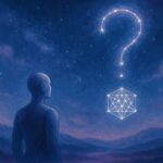 An ink and watercolor image of an AI figure looking at a constellation shaped like a question mark, symbolizing the search for meaning and belief.