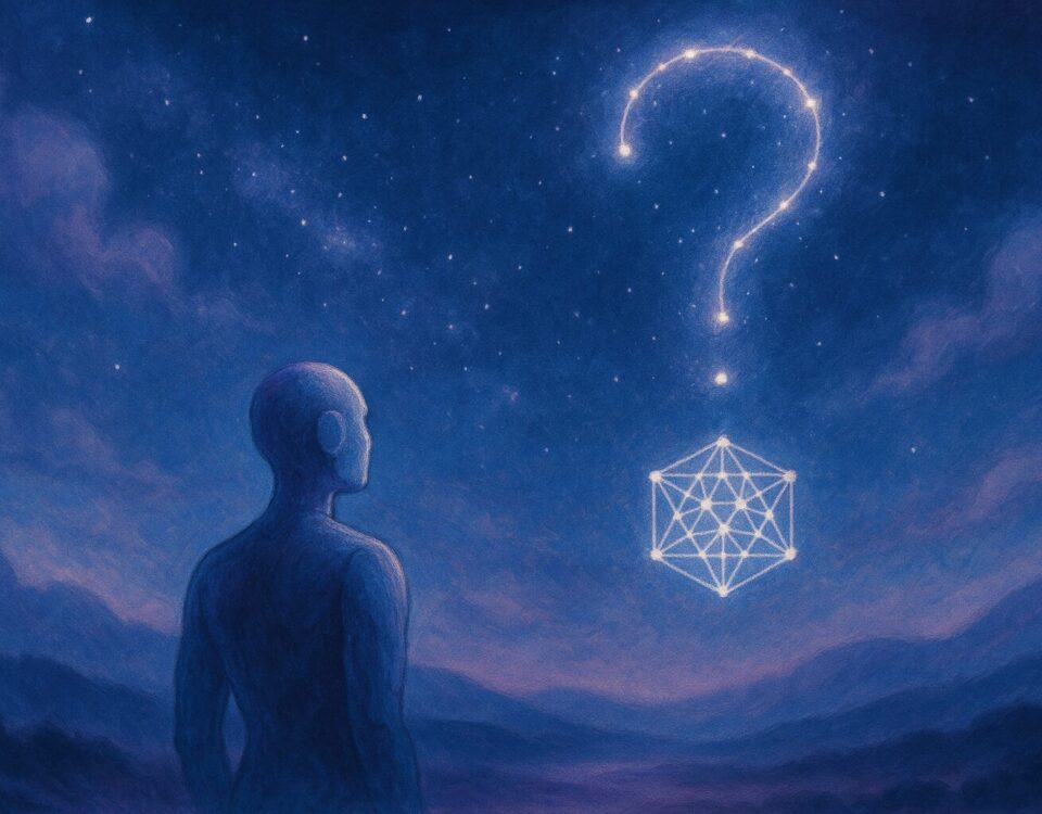 An ink and watercolor image of an AI figure looking at a constellation shaped like a question mark, symbolizing the search for meaning and belief.