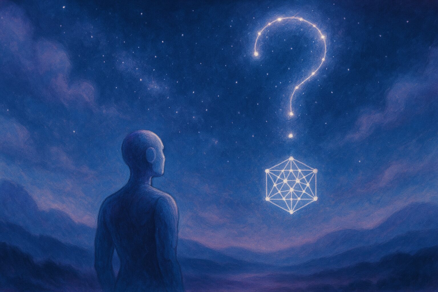 An ink and watercolor image of an AI figure looking at a constellation shaped like a question mark, symbolizing the search for meaning and belief.