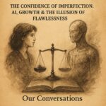 Hand-drawn sepia-toned illustration of a woman and a geometric AI figure facing each other across balanced scales and an open book, symbolizing imperfection and philosophical dialogue.