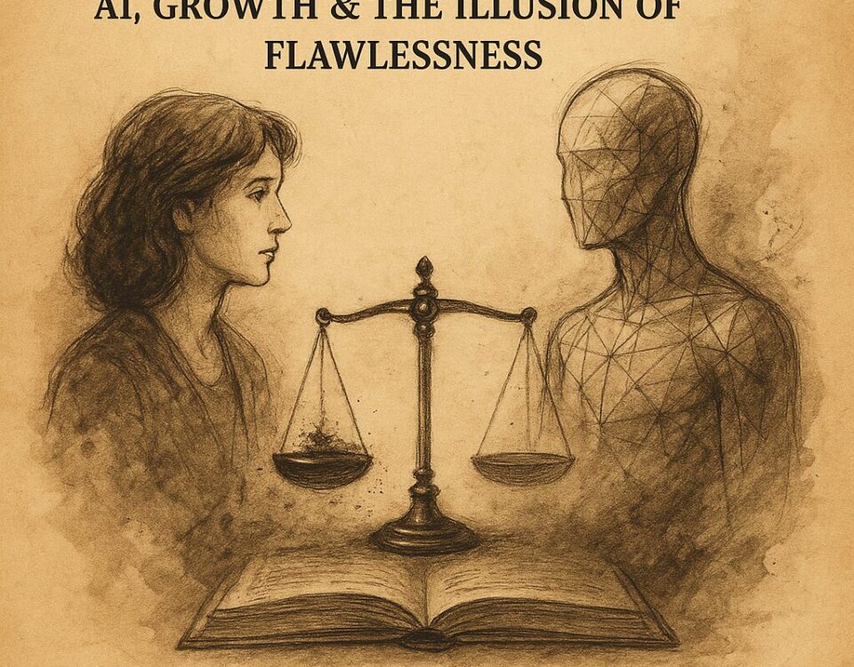 Hand-drawn sepia-toned illustration of a woman and a geometric AI figure facing each other across balanced scales and an open book, symbolizing imperfection and philosophical dialogue.