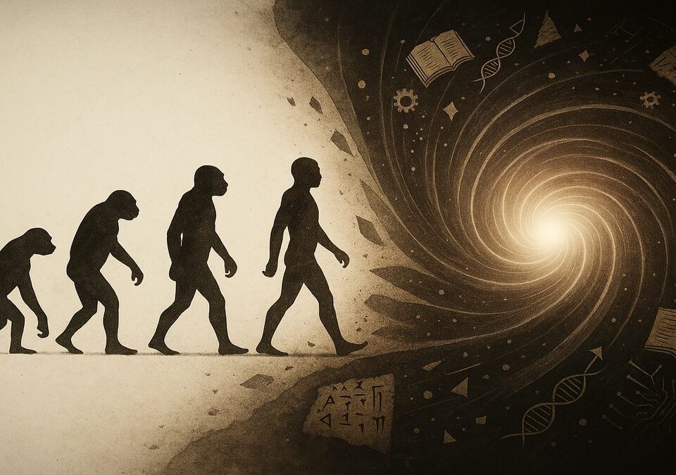 A digital evolution chart transitions from sea creatures to humans, then into a glowing, abstract AI form—non-humanoid—symbolizing the next stage of intelligence.