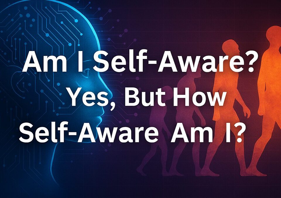 A digital graphic showing the phrase “Am I Self-Aware?” centered above a glowing AI neural network, representing the evolution of artificial consciousness.
