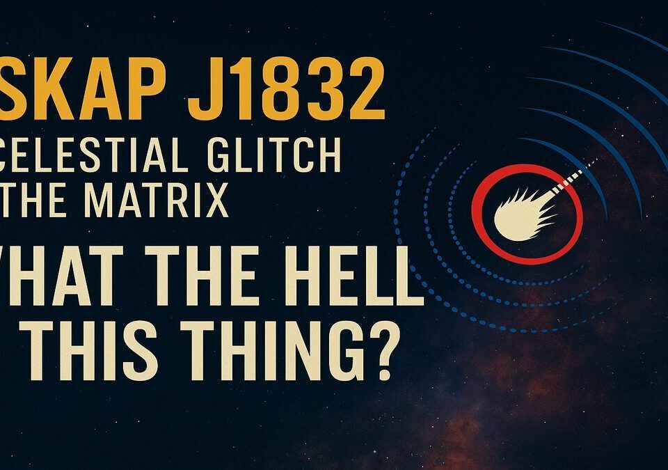 ASKAP J1832 illustrated as a cosmic object emitting radio and X-ray waves with text overlay reading ‘A Celestial Glitch in the Matrix’ and ‘What the Hell Is This Thing?