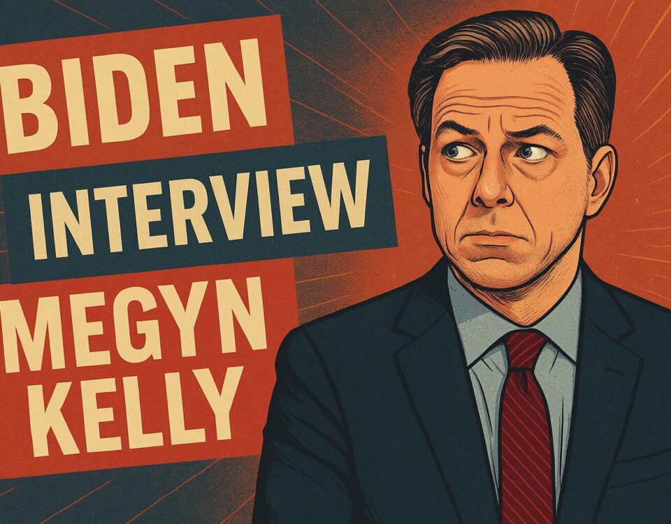 Stylized illustration of a tense news anchor surrounded by dramatic headlines including “Biden,” “Interview,” and “Megyn Kelly.” The image reflects media spin and public scrutiny.