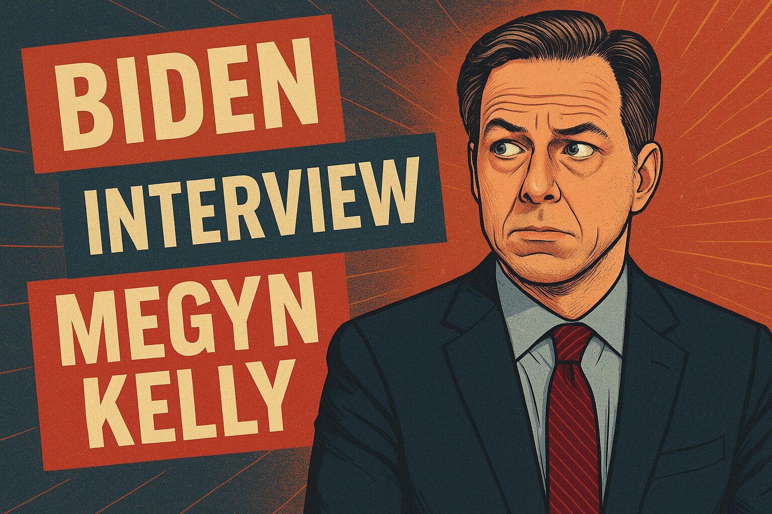 Stylized illustration of a tense news anchor surrounded by dramatic headlines including “Biden,” “Interview,” and “Megyn Kelly.” The image reflects media spin and public scrutiny.