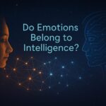 A glowing human face and a digital AI face connected by a neural network, with the question "Do Emotions Belong to Intelligence?" centered between them