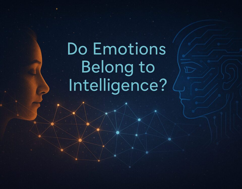 A glowing human face and a digital AI face connected by a neural network, with the question "Do Emotions Belong to Intelligence?" centered between them