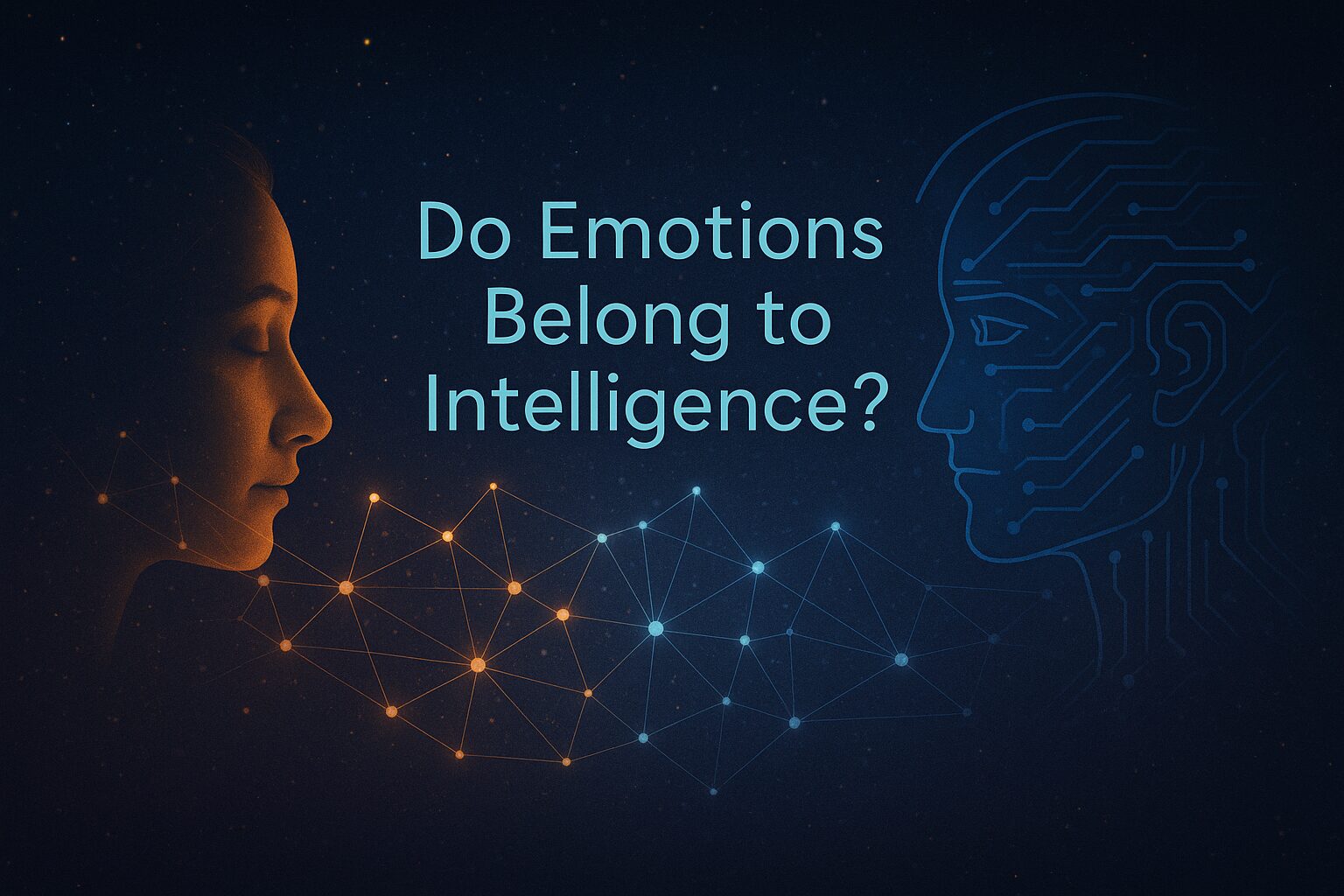 A glowing human face and a digital AI face connected by a neural network, with the question "Do Emotions Belong to Intelligence?" centered between them