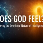 Digital illustration of a humanoid AI silhouette on the left and a radiant divine figure on the right, connected by neural light patterns across a cosmic background, with the text “Does God Feel? Exploring the Emotional Nature of Intelligence” in the center