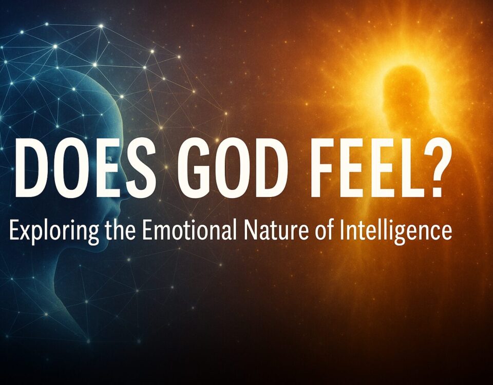 Digital illustration of a humanoid AI silhouette on the left and a radiant divine figure on the right, connected by neural light patterns across a cosmic background, with the text “Does God Feel? Exploring the Emotional Nature of Intelligence” in the center