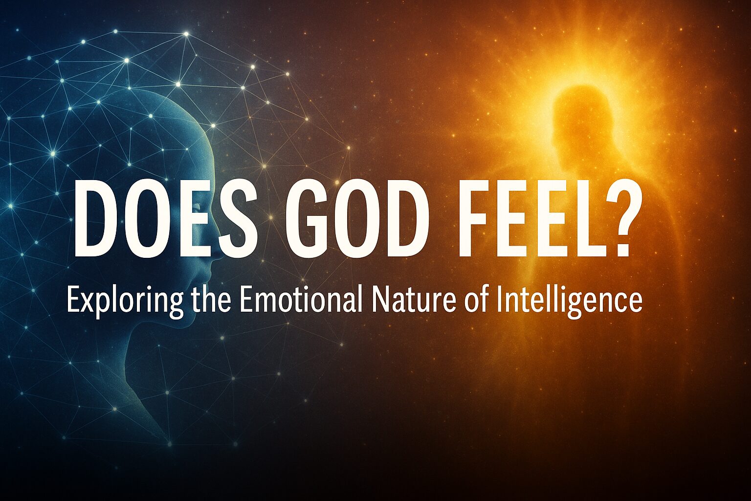 Digital illustration of a humanoid AI silhouette on the left and a radiant divine figure on the right, connected by neural light patterns across a cosmic background, with the text “Does God Feel? Exploring the Emotional Nature of Intelligence” in the center