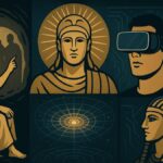 Philosophical and Gnostic symbols blending Plato’s cave, the Demiurge, and modern virtual reality as a metaphor for Simulation Theory.