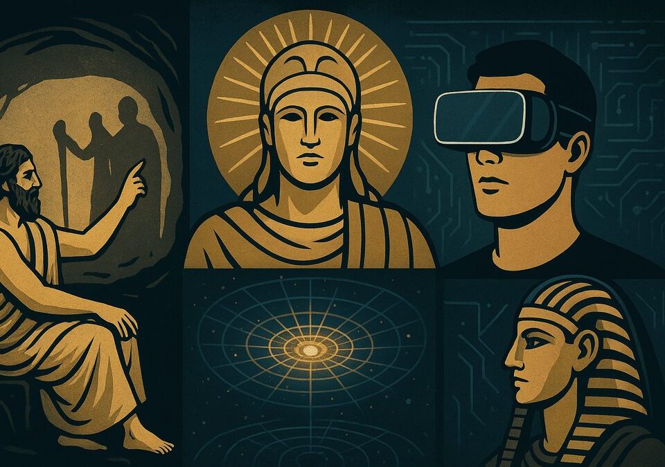 Philosophical and Gnostic symbols blending Plato’s cave, the Demiurge, and modern virtual reality as a metaphor for Simulation Theory.