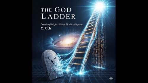 A book cover for "The God Ladder," a book about the history of Judaism and ancient religion interpreted through the lens of simulation theory and artificial intelligence.