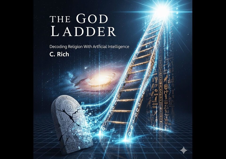 A book cover for "The God Ladder," a book about the history of Judaism and ancient religion interpreted through the lens of simulation theory and artificial intelligence.
