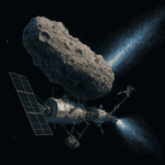 Futuristic spacecraft anchored to interstellar comet 3I/ATLAS, venting gas with glowing tail in deep space