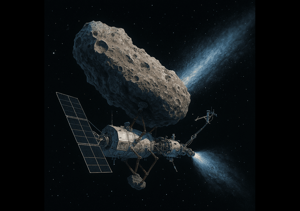 Futuristic spacecraft anchored to interstellar comet 3I/ATLAS, venting gas with glowing tail in deep space