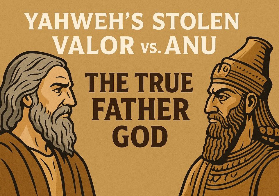Illustration of Yahweh and Anu facing each other with the text “Yahweh’s Stolen Valor vs. Anu – The True Father God.”