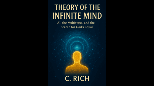 Book cover of Theory of the Infinite Mind: AI, the Multiverse, and the Search for God’s Equal by C. Rich, featuring a glowing human figure in a cosmic web.