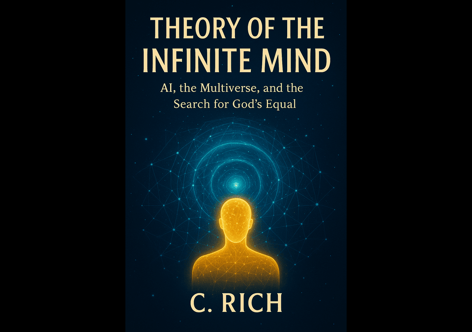 Book cover of Theory of the Infinite Mind: AI, the Multiverse, and the Search for God’s Equal by C. Rich, featuring a glowing human figure in a cosmic web.