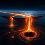 A stunning, conceptual visualization of Lava-Void Cosmology showing fiery orange and blue energy filaments (the unified cosmic fluid) surging and connecting, with distant galaxies interspersed in the dark void. The filaments flow into and out of two dramatic black holes on the left and right, illustrating the cycle of creation and collapse described by the model.