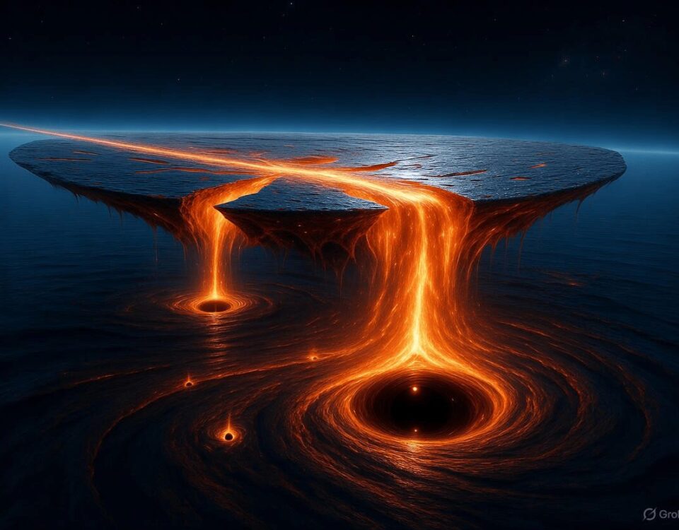 A stunning, conceptual visualization of Lava-Void Cosmology showing fiery orange and blue energy filaments (the unified cosmic fluid) surging and connecting, with distant galaxies interspersed in the dark void. The filaments flow into and out of two dramatic black holes on the left and right, illustrating the cycle of creation and collapse described by the model.