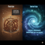 Finitism vs. Infinitism philosophical debate, contrasting bounded mechanical gears with an unbounded cosmic spiral, representing the arguments for and against the existence of infinity